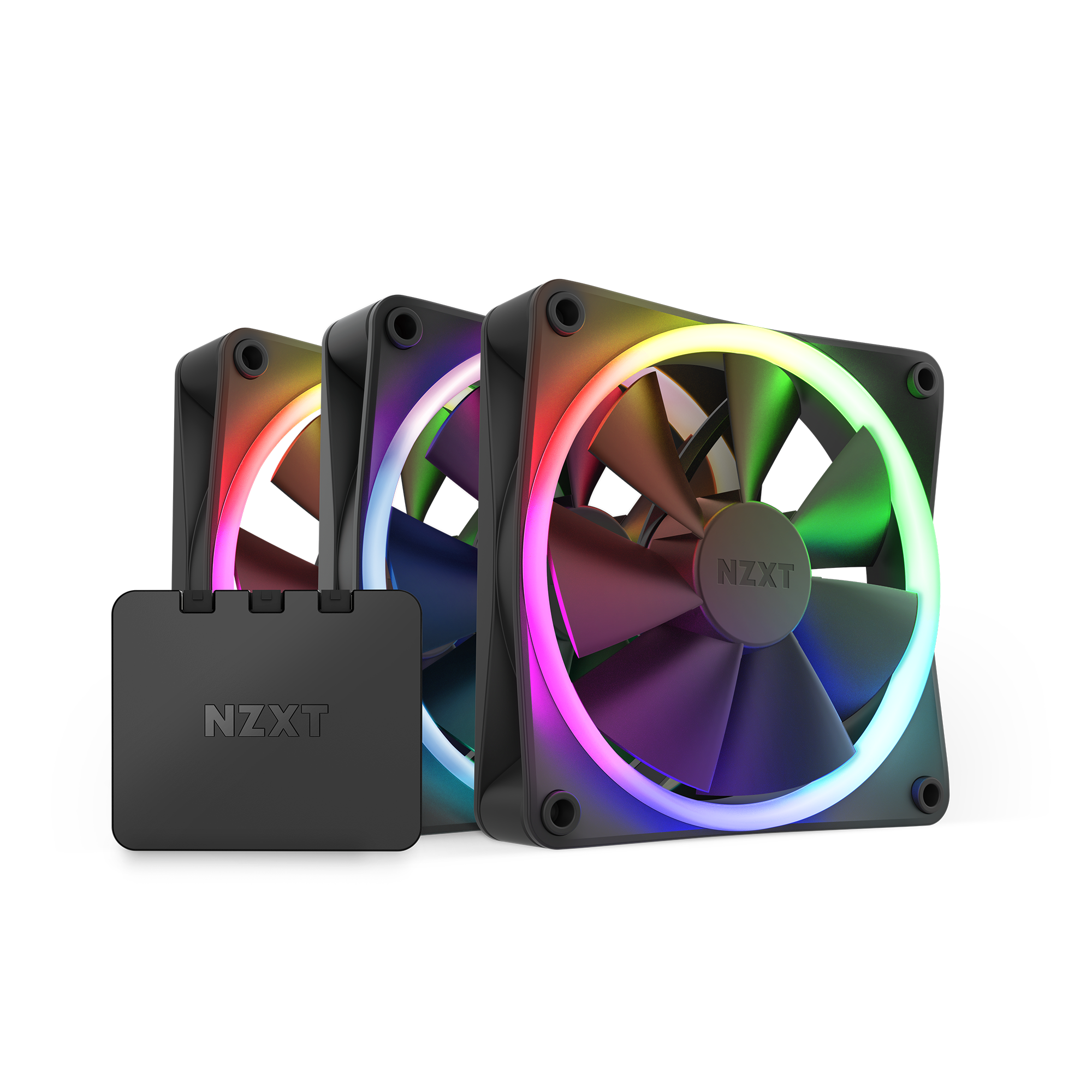 The NZXT F120 RGB Triple Pack includes three RGB fans with Fluid Dynamic Bearings and a black NZXT control hub. Customize lighting and fan speeds for optimal PC cooling using the intuitive NZXT CAM software.