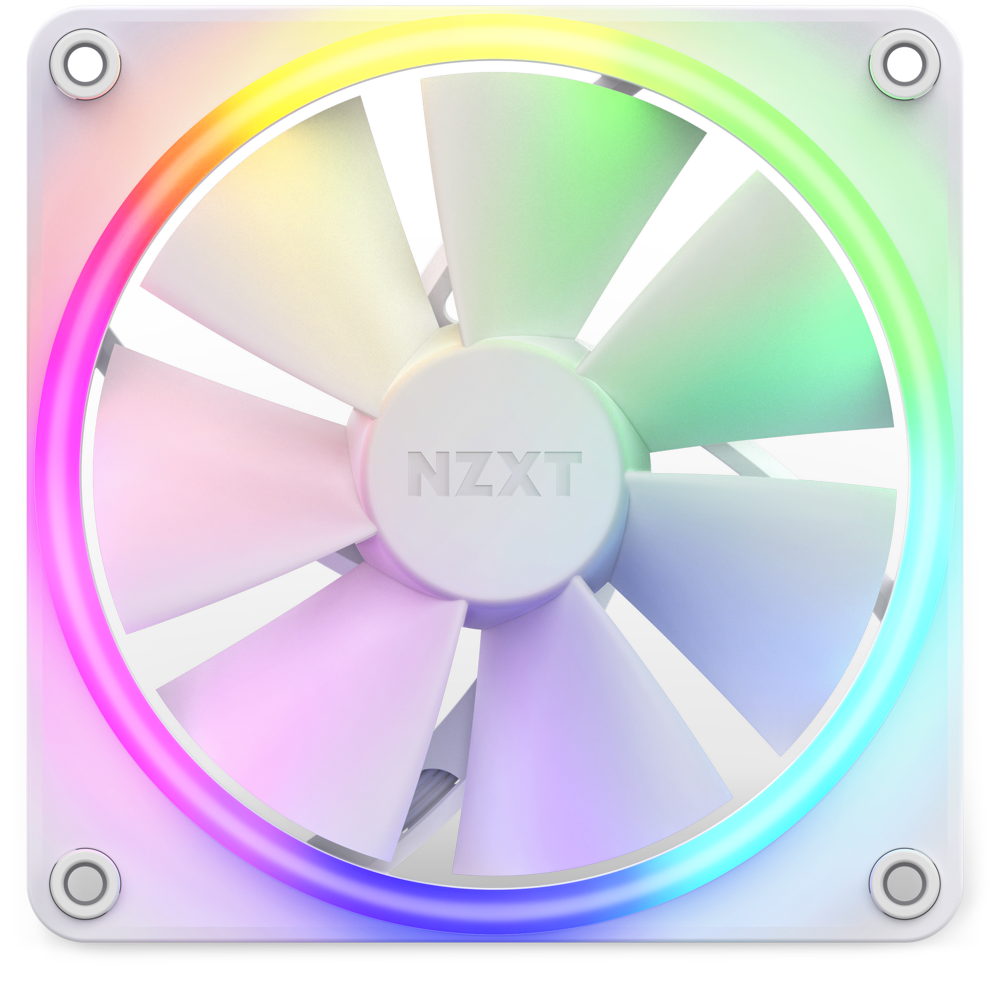 The NZXT F120 RGB is a white computer cooling fan featuring fluid dynamic bearings, RGB lighting around the frame that glows in yellow, green, blue, and pink, and a front view displaying nine blades for efficient airflow.