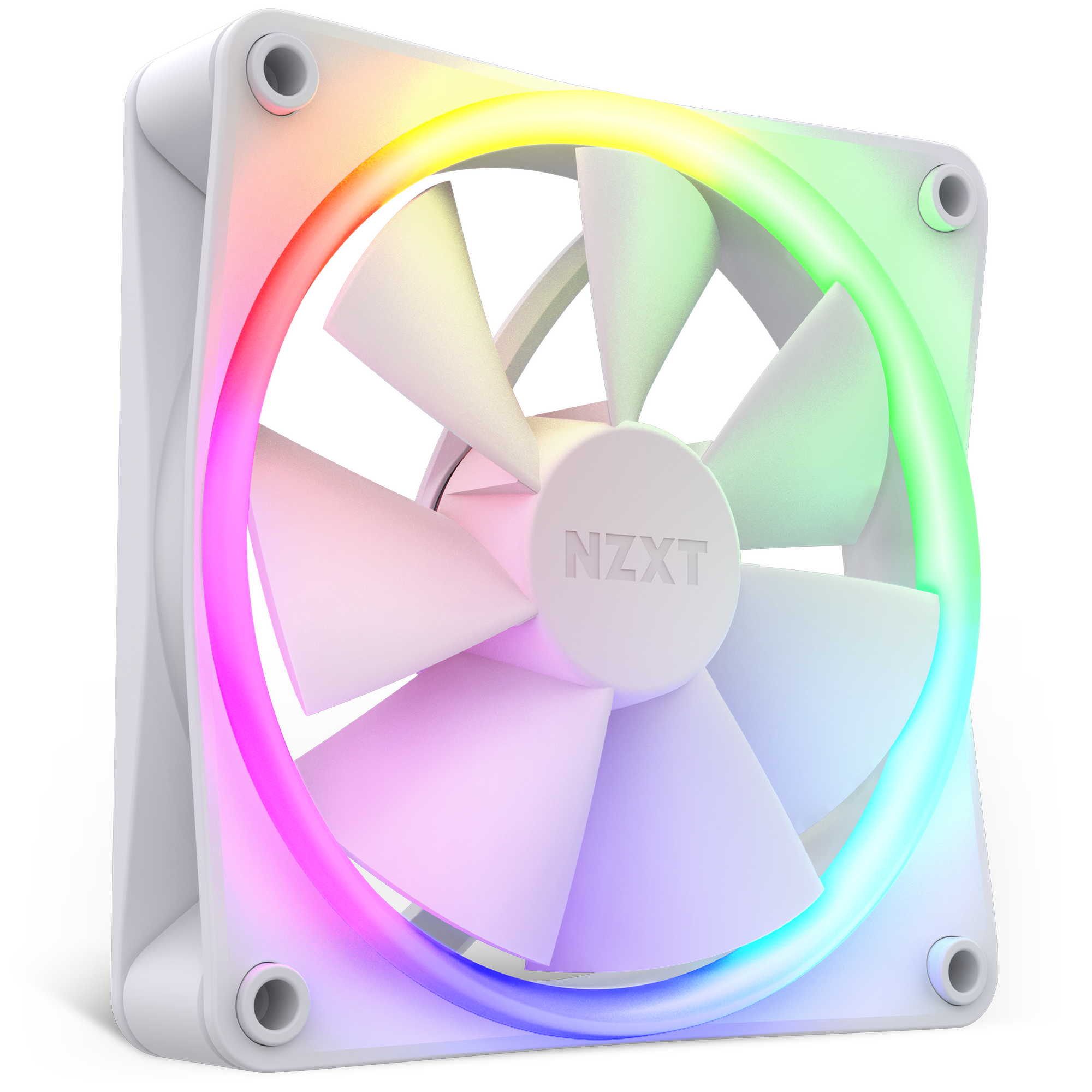 The NZXT F120 RGB is a white computer cooling fan with RGB LED lighting along the outer edge, a square frame, multiple blades, and Fluid Dynamic Bearing for quiet, efficient performance with vibrant color effects.