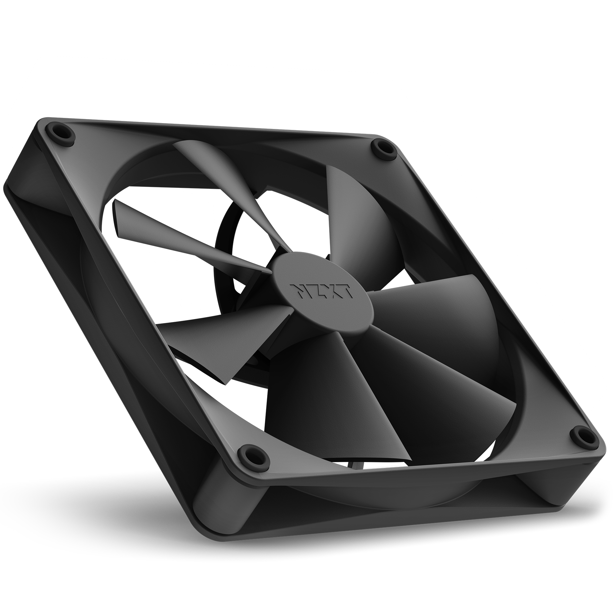 The NZXT F140P (2022) is a black cooling fan with four blades in a square frame, featuring the NZXT logo on the hub. Designed for optimal static pressure, it ensures efficient PC cooling.