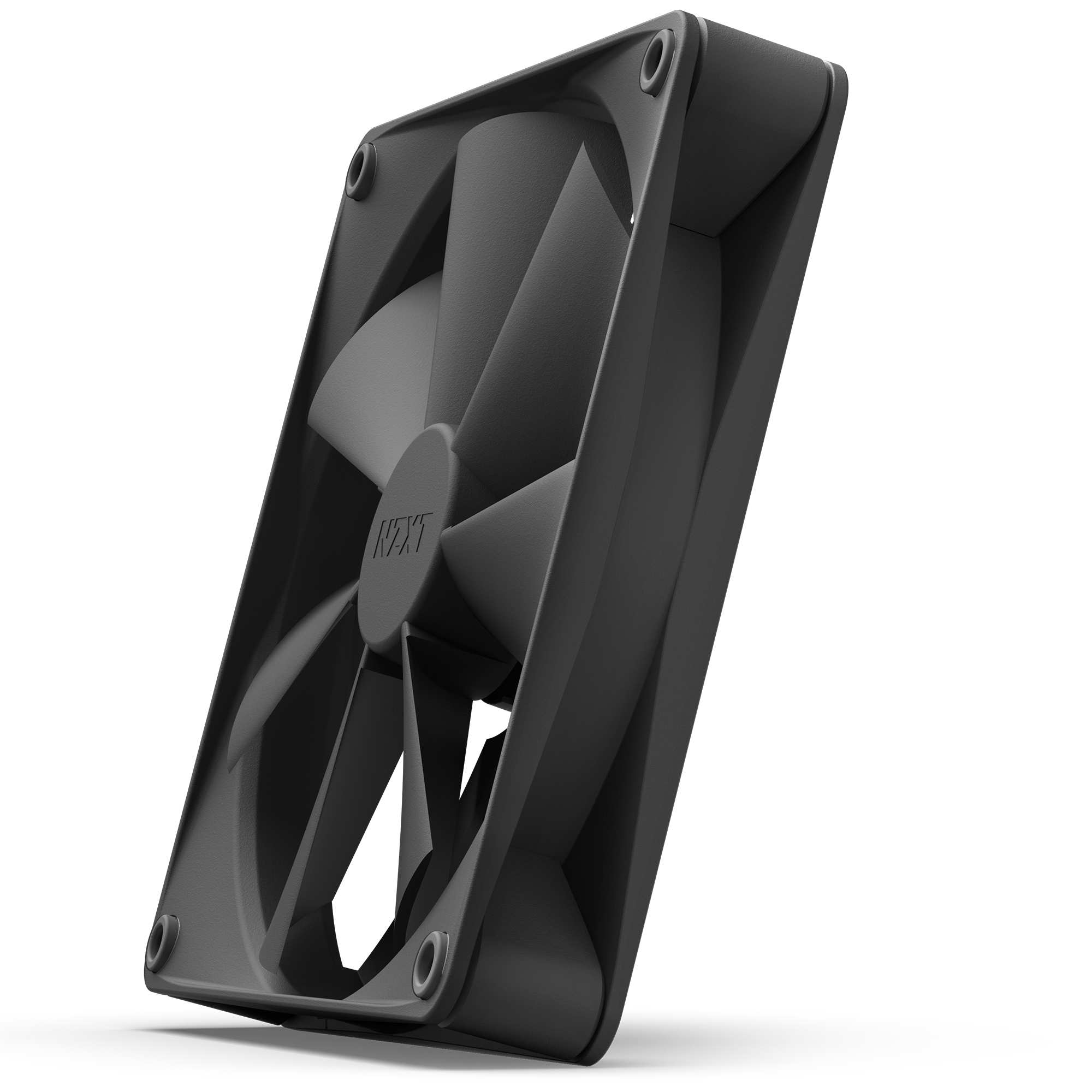 The NZXT F140P (2022) is a black rectangular cooling fan with rounded corners, four mounting holes, and multiple high static pressure blades. The center features the embossed NZXT logo and its angled for optimal airflow.