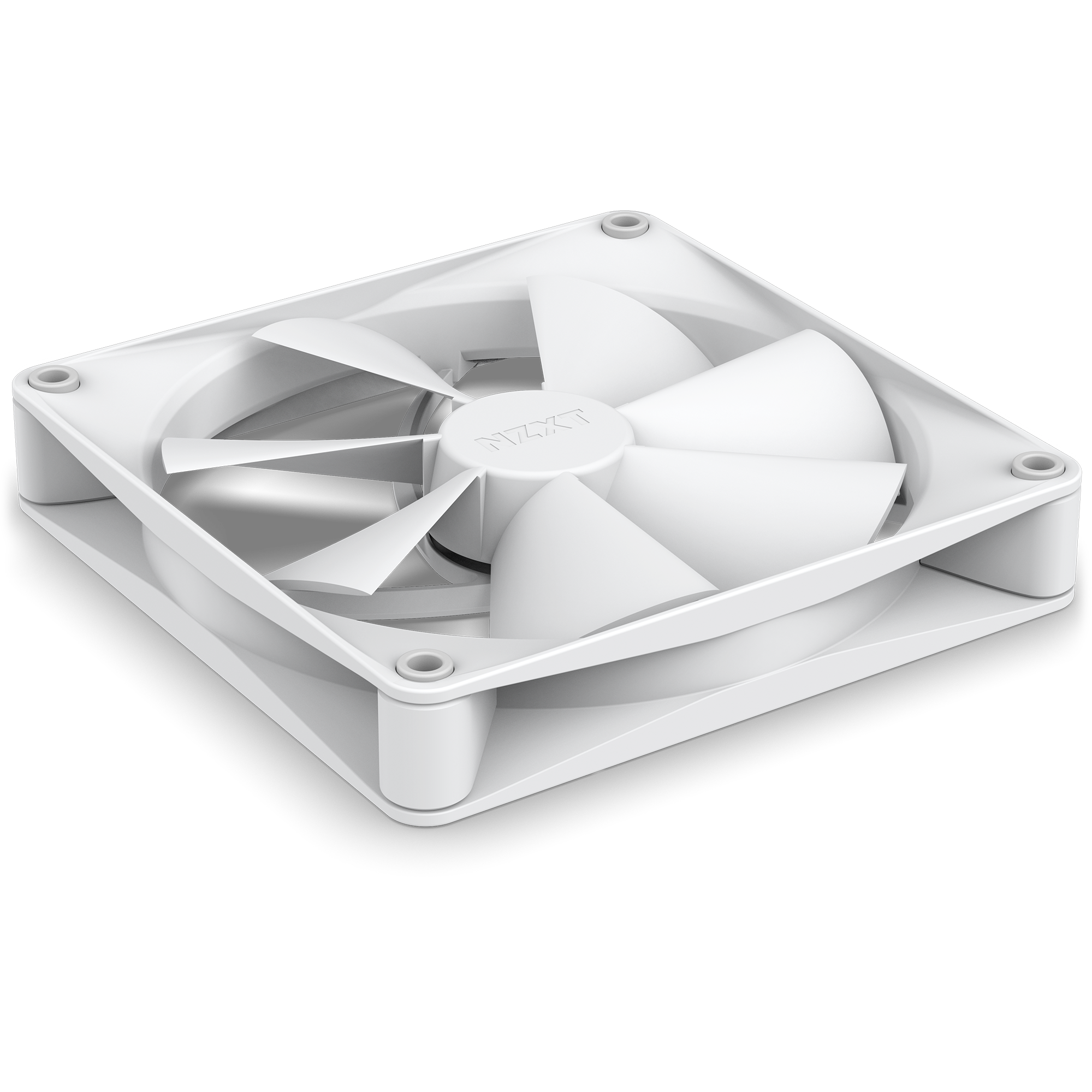 The NZXT F140P (2022) is a white computer case fan with a square frame, seven blades, and four mounting holes for optimal cooling and static pressure, shown at an angle on a transparent background.