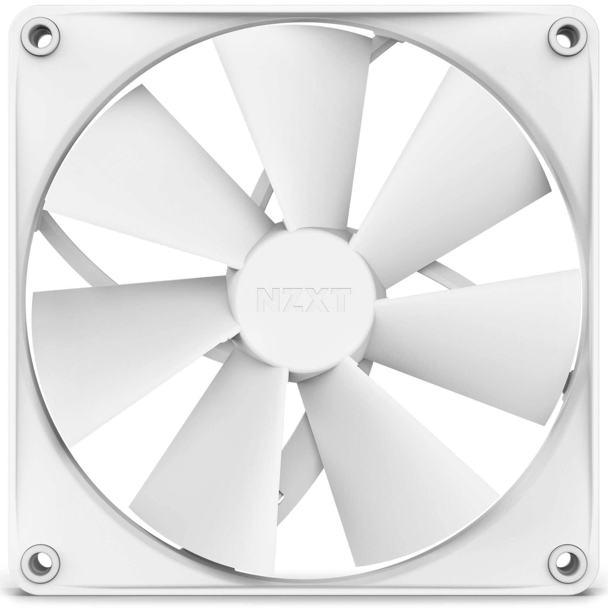 The NZXT F140P (2022) is a white computer cooling fan with eight wide blades in a square frame for optimal static pressure. The front view highlights the NZXT logo on the central hub.