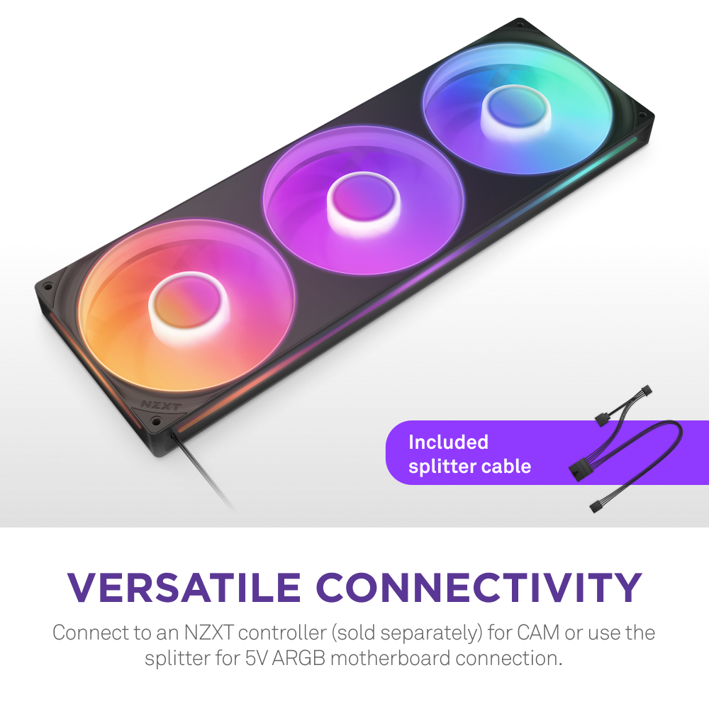 The NZXT F420 RGB Core, a triple-fan cooling unit with vivid multicolor lighting, is shown. Text highlights versatile connectivity, superior cooling performance, and an included splitter cable for controller or motherboard connection.