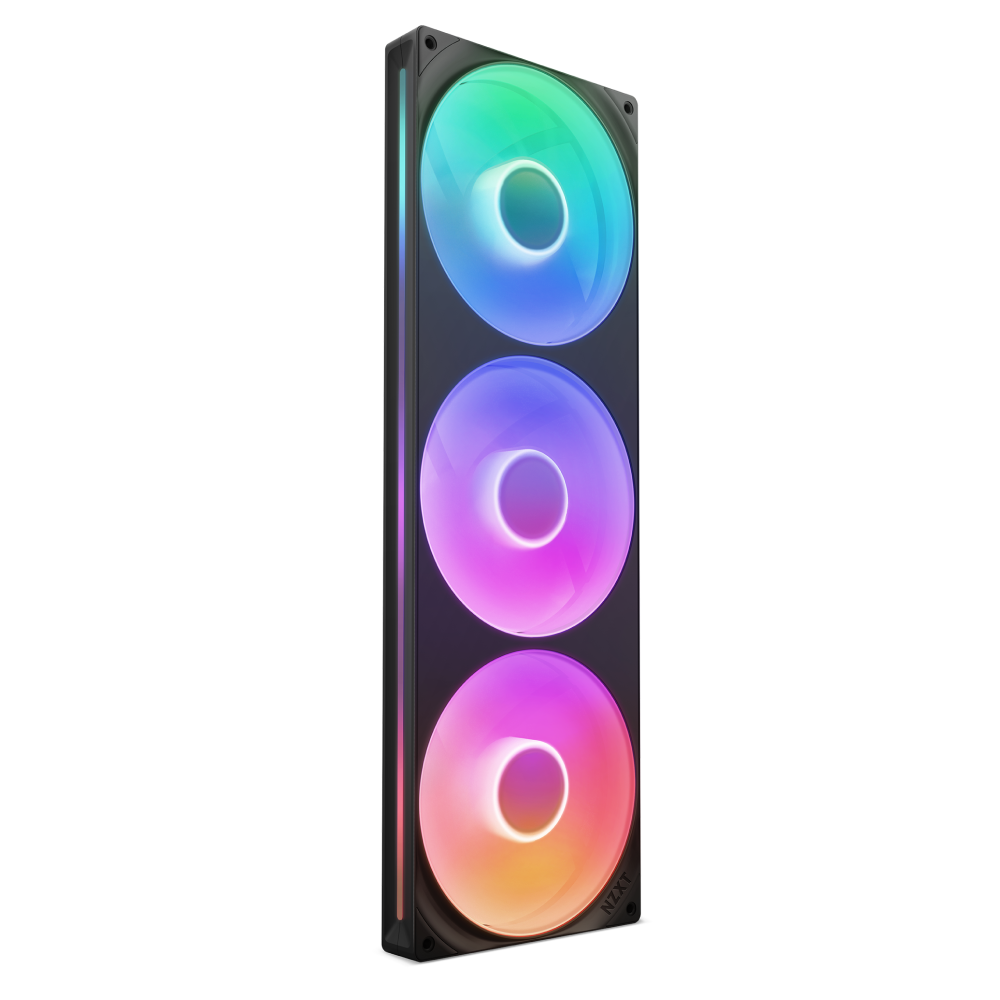 The NZXT F420 RGB Core is a vertical cooling unit featuring three large circular fans that glow in blue, green, pink, and orange gradients, providing whisper-quiet performance and vibrant RGB visuals against a plain background.