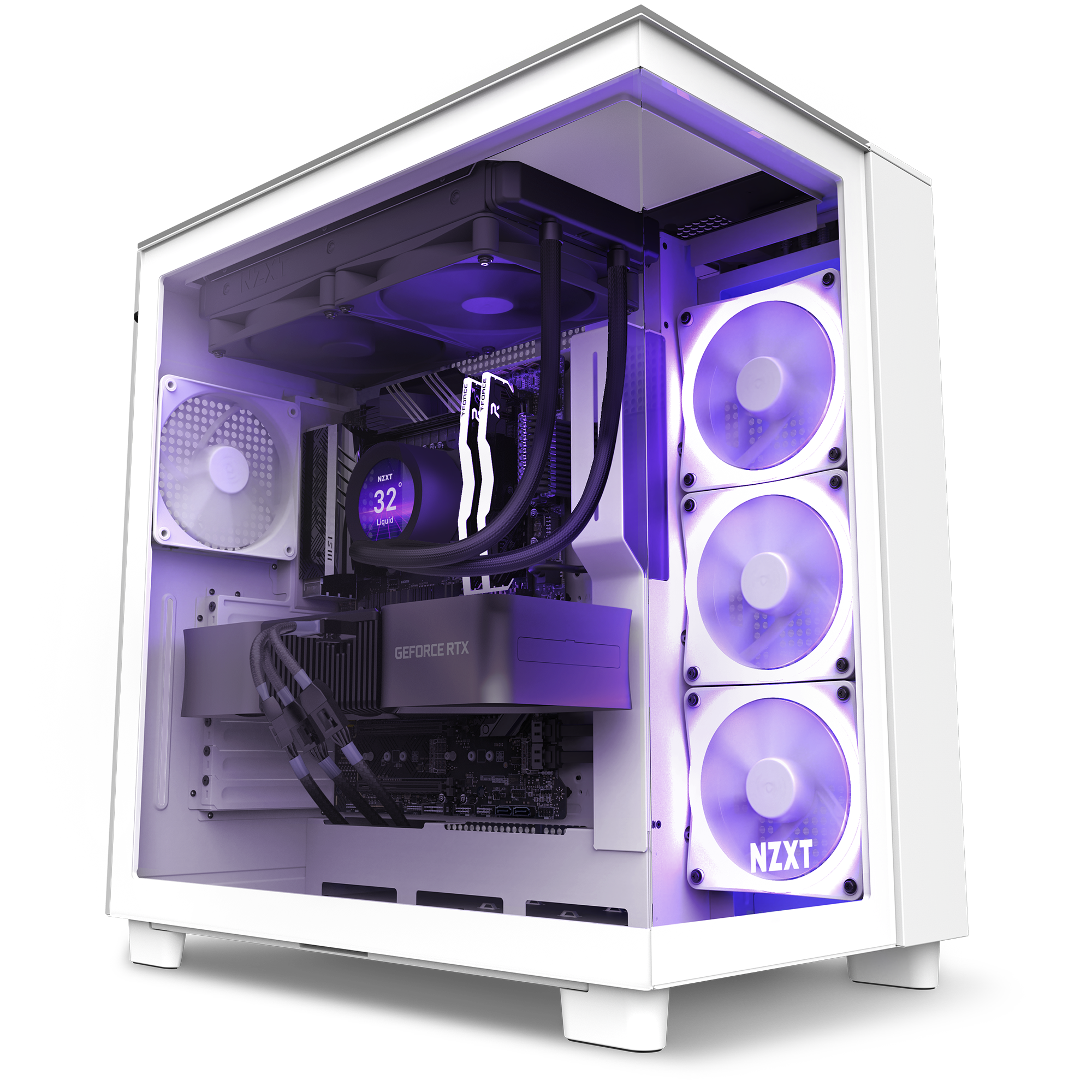 The Refurbished Player Three Prime - #8617 by NZXT is a white prebuilt gaming PC with a transparent side panel, showcasing RGB fans, a GeForce RTX GPU, NZXT liquid cooling in purple lighting, and comes with a 2-year warranty.