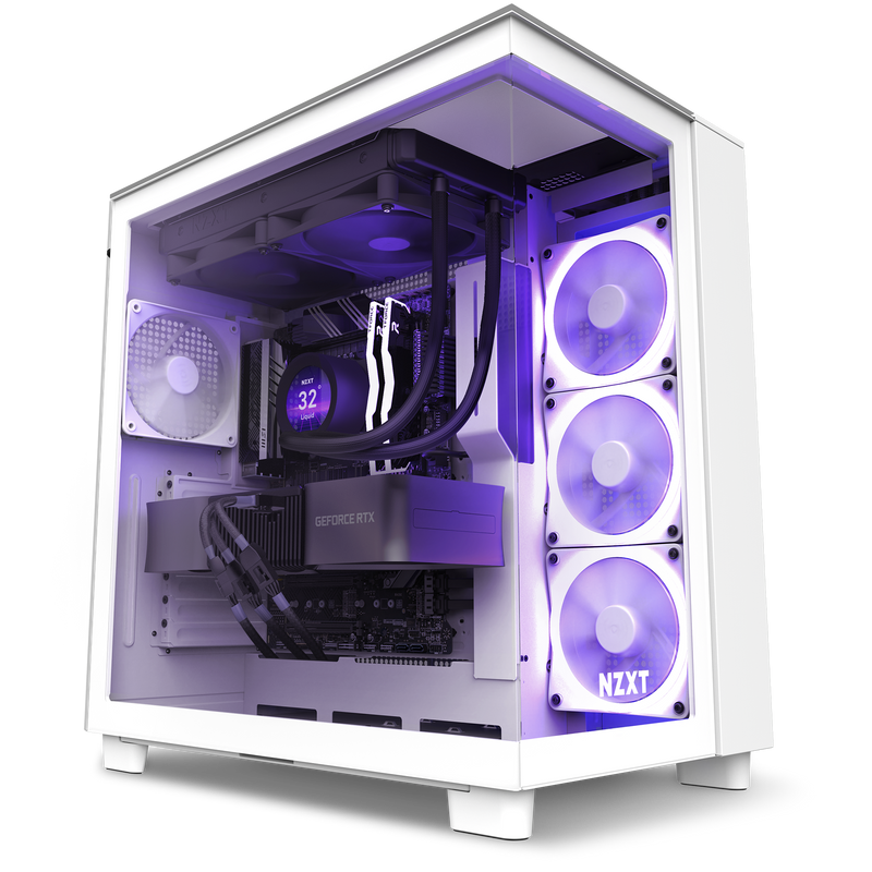 The Refurbished Player Three Prime - #8617 by NZXT is a white prebuilt gaming PC with a transparent side panel, showcasing RGB fans, a GeForce RTX GPU, NZXT liquid cooling in purple lighting, and comes with a 2-year warranty.
