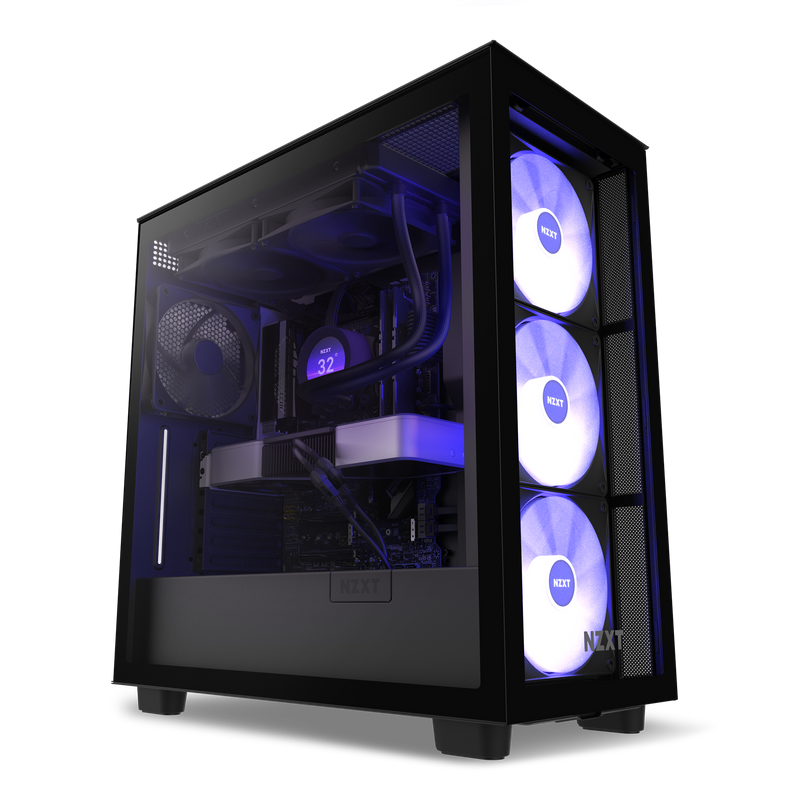 A black NZXT gaming PC with a transparent side panel, revealing internal components illuminated by purple LED lights and three front cooling fans labeled NZXT.