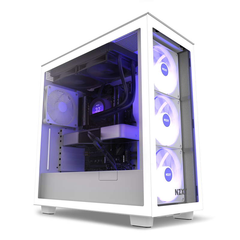 The NZXT Refurbished Prebuilt Exclusive 2024 Edition (#8558) features a white case with a glass side panel, illuminated interior, liquid cooling, and three front RGB fans glowing blue and purple—part of our Certified Refurbished Gaming PCs lineup.