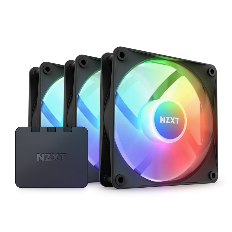 The NZXT F120 RGB Core Triple Pack features three black fans with multi-color LEDs and a compact NZXT controller, designed for optimized static pressure and seamless integration with NZXT CAM software.
