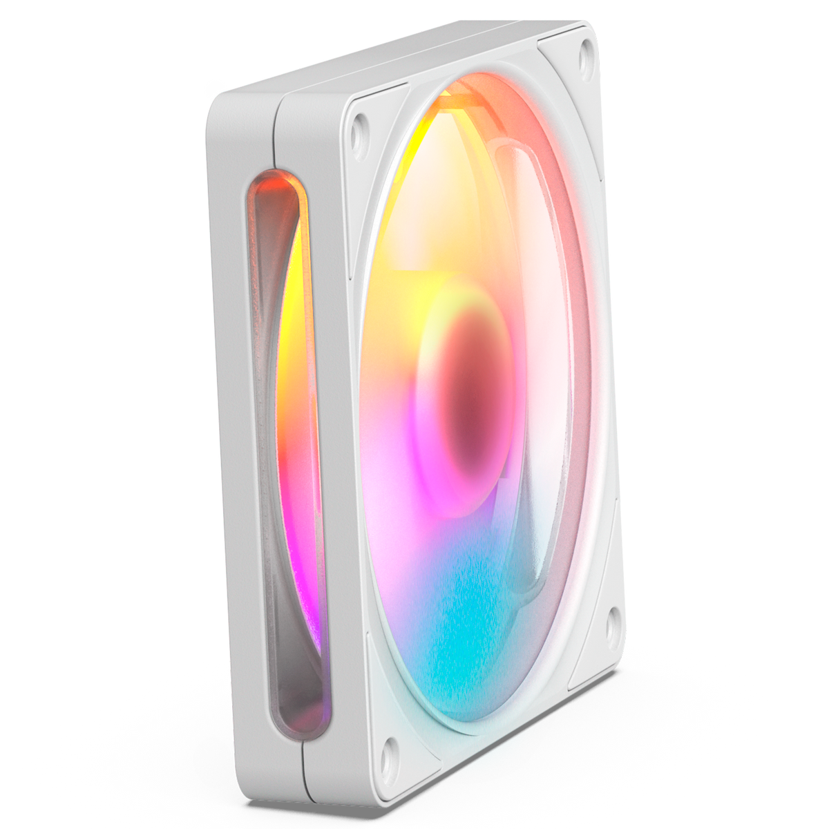 NZXT F120 RGB white, front view with RGB lighting