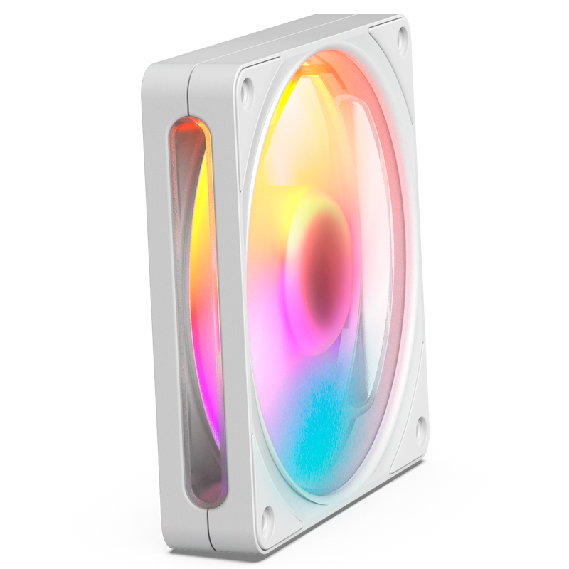 NZXT F120 RGB white, front view with RGB lighting