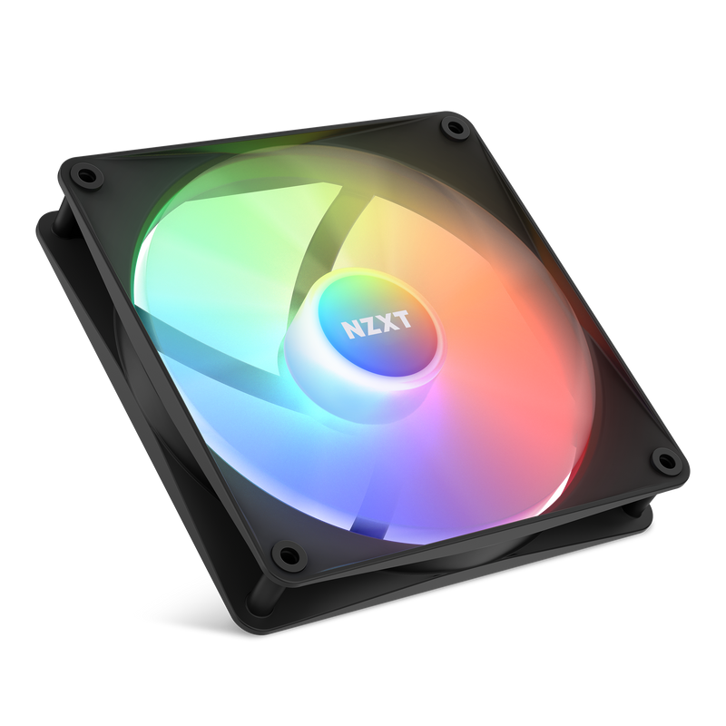 The NZXT F140 RGB Core fan features a black frame, optimized static pressure, vibrant gradient RGB lighting across its spinning blades, and a central NZXT logo.