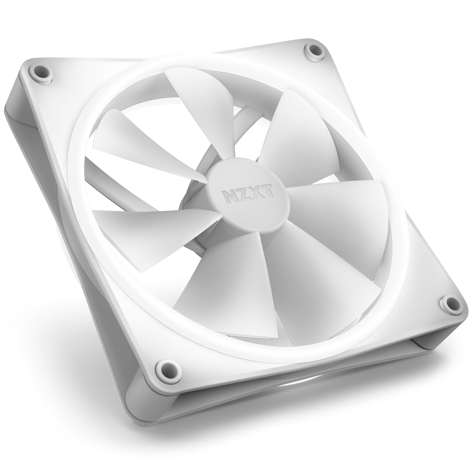 The NZXT F140 RGB Duo Twin Pack features white computer case fans with square frames and seven blades, angled on a white background, engineered for high static pressure cooling performance.