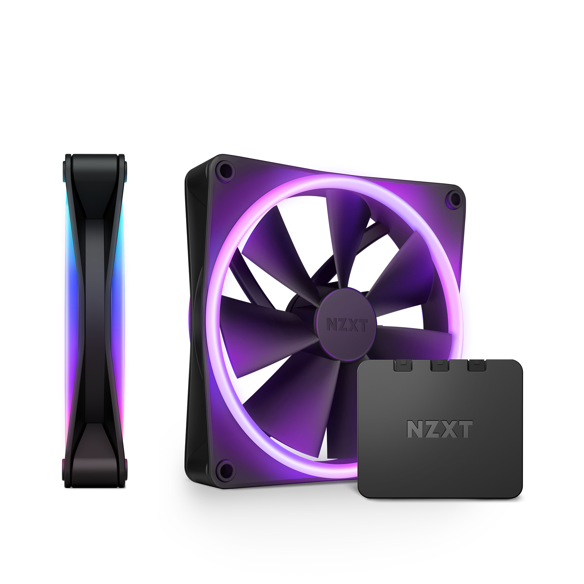 The NZXT F140 RGB Duo Twin Pack features dual fans with vibrant purple and blue LED rings, shown from front and side, plus a compact controller box—ideal for customizable RGB lighting and high static pressure cooling in your setup.