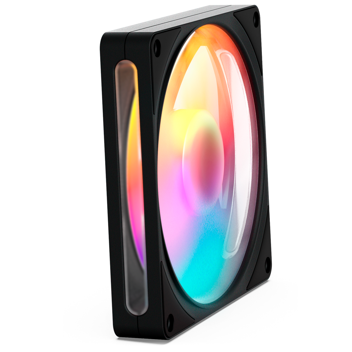 NZXT F140 RGB black, front view with RGB lighting