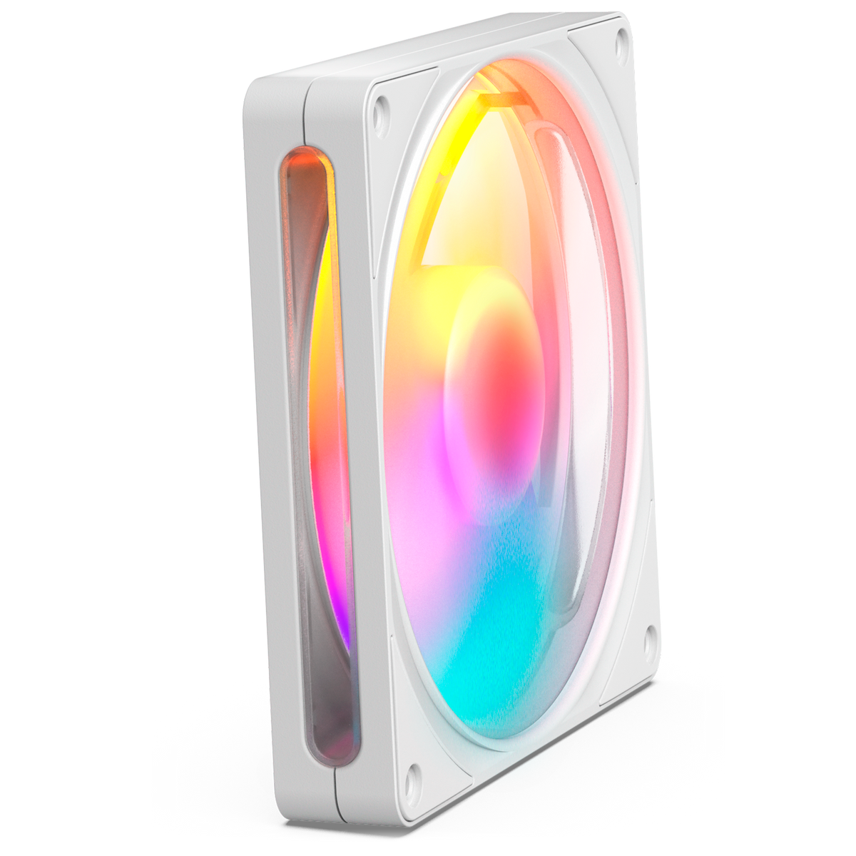 NZXT F140 RGB white, front view with RGB lighting