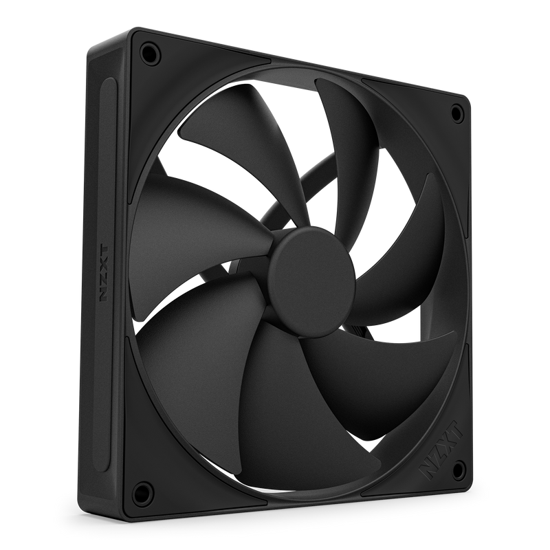 An NZXT F140P Static Pressure Fan in black, featuring seven blades, a square frame with rounded corners, and fluid dynamic bearings for high-performance cooling, shown at an angle against a transparent background.
