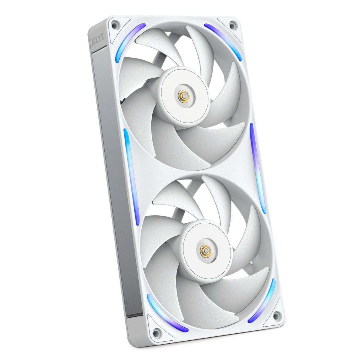 NZXT F240X white two-pack, angled view with RGB lighting