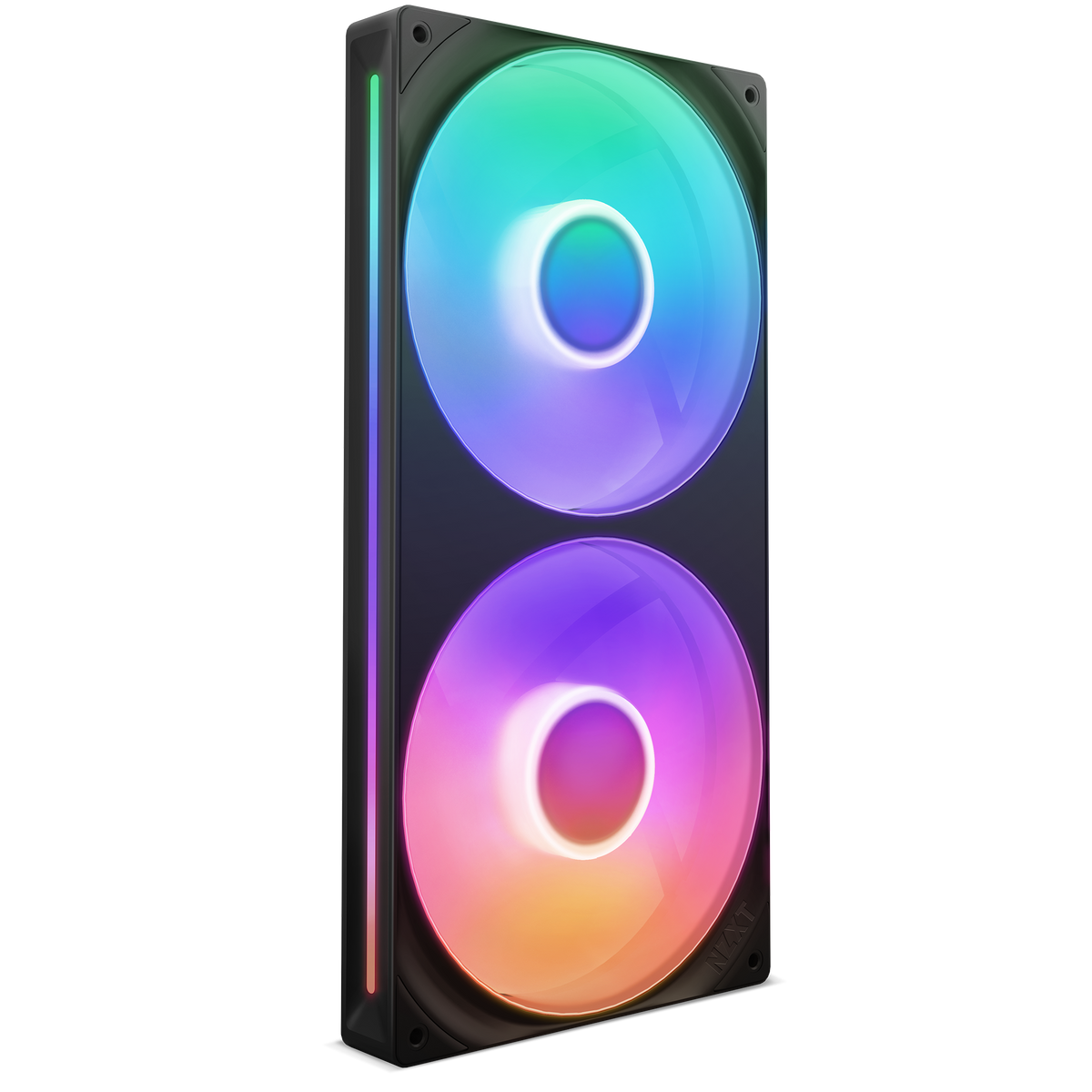 NZXT F280 RGB Core black, hero angle of the dual 140 mm single-frame fan, RGB lighting on