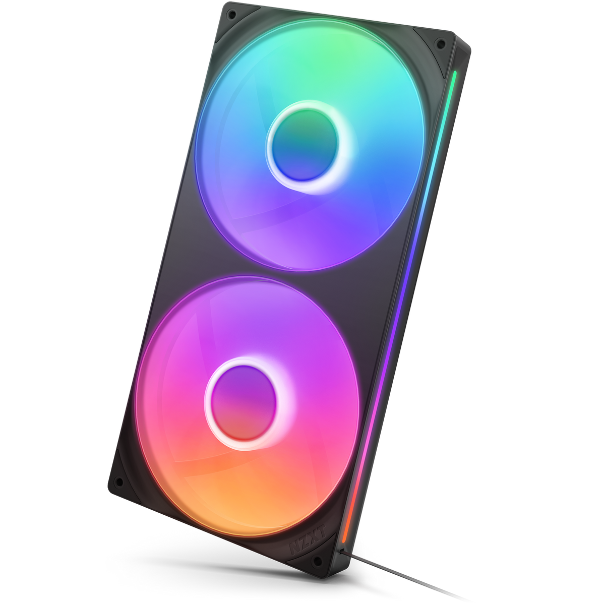 NZXT F280 RGB Core black, tilted three-quarter view showing the RGB gradient across both fans