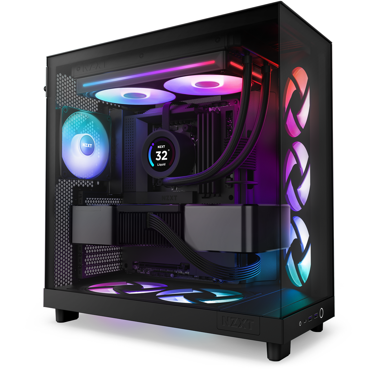 NZXT F280 RGB Core black shown in a completed build behind tempered glass. Components other than the fan are sold separately.