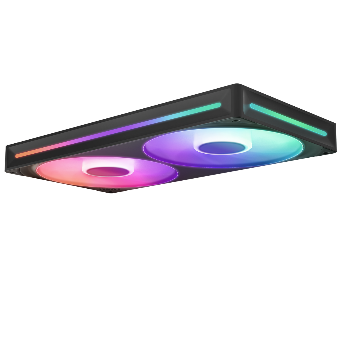NZXT F280 RGB Core black, raised three-quarter view along the lit frame edge