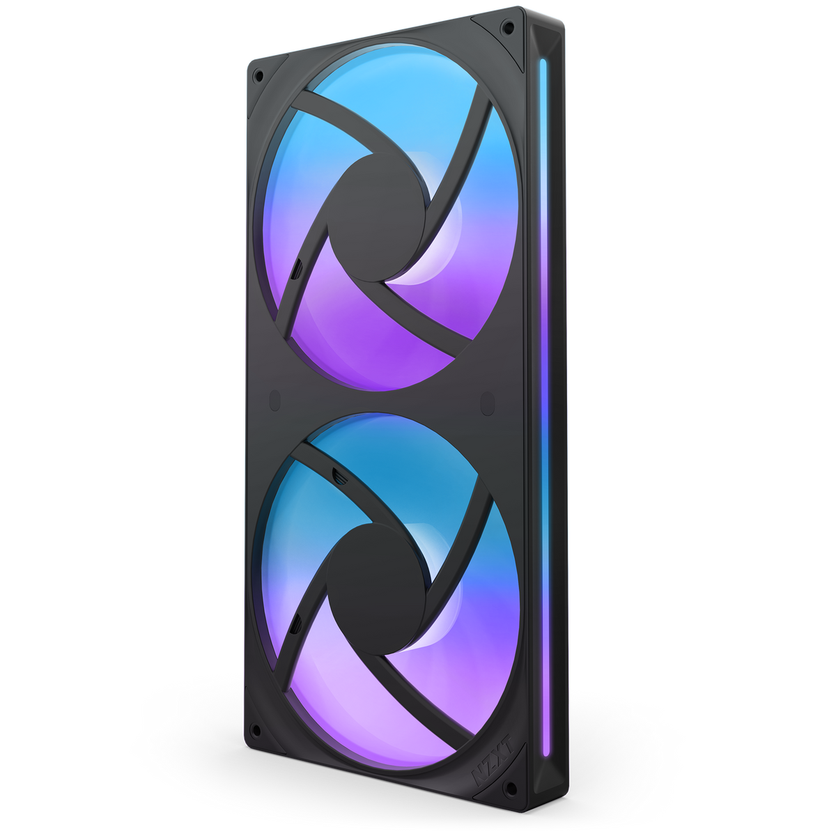 NZXT F280 RGB Core black, rear view of the fan blades lit in a single static colour