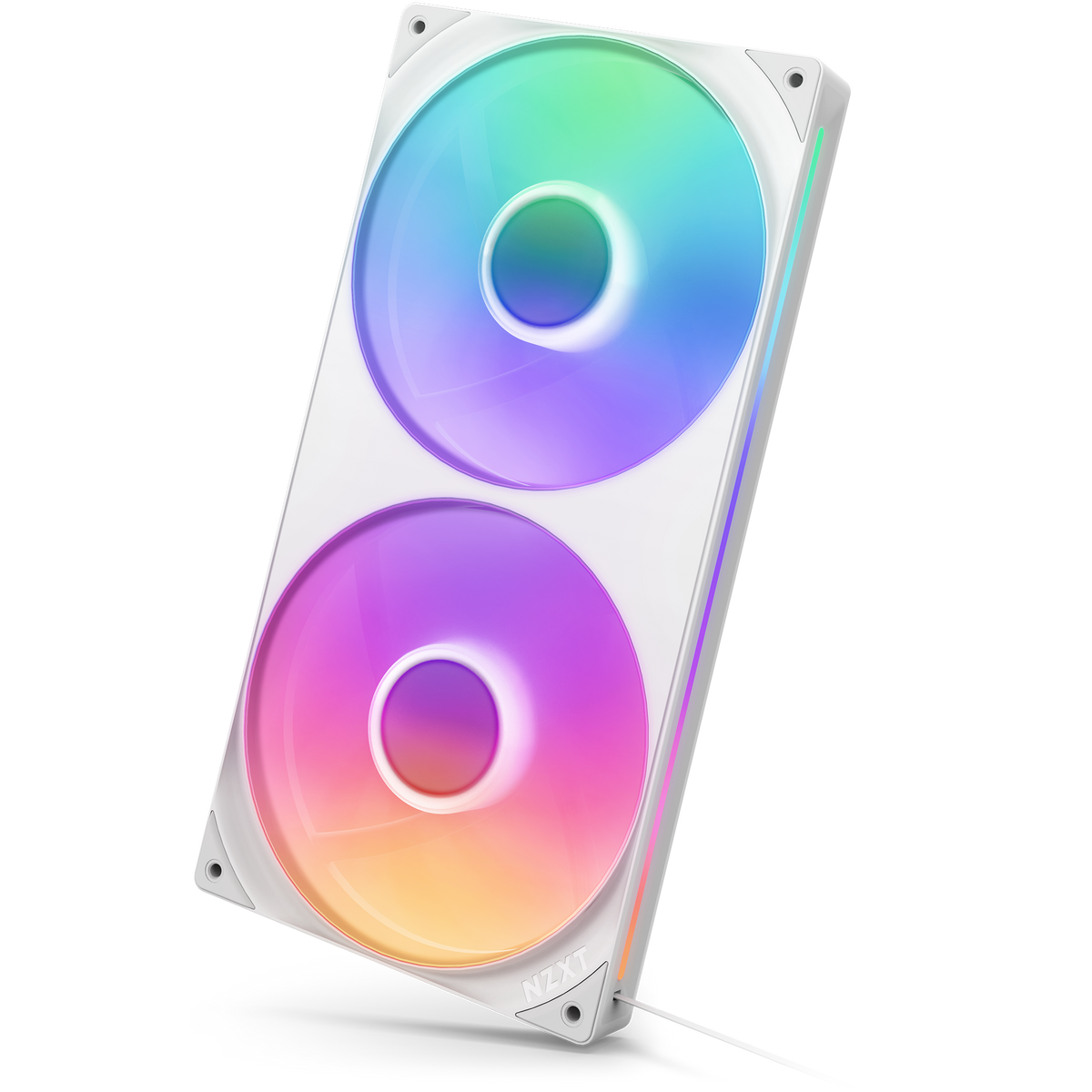 NZXT F280 RGB Core white, tilted three-quarter view showing the RGB gradient across both fans