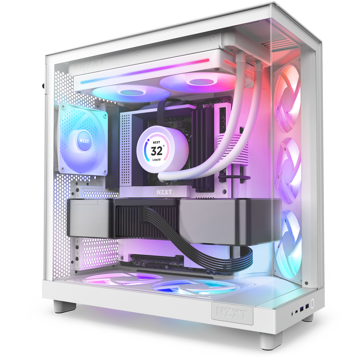 NZXT F280 RGB Core white shown in a completed build behind tempered glass. Components other than the fan are sold separately.