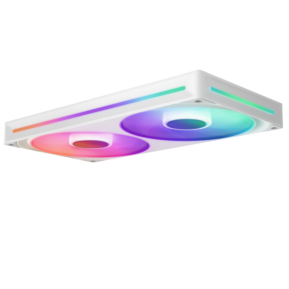 NZXT F280 RGB Core white, raised three-quarter view along the lit frame edge