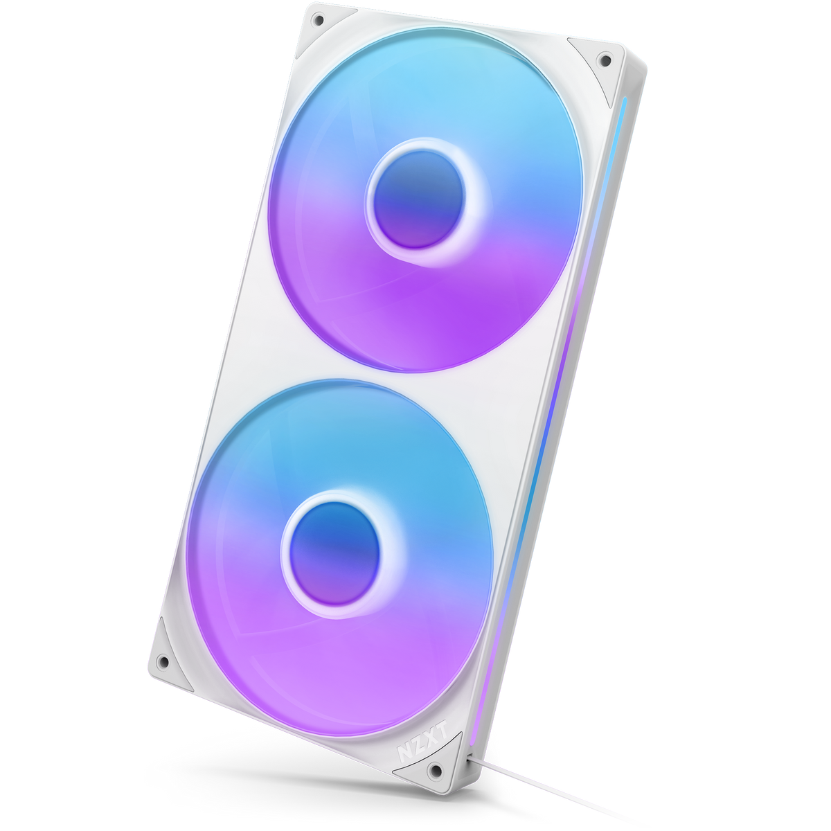 NZXT F280 RGB Core white, tilted three-quarter view lit in a single static colour