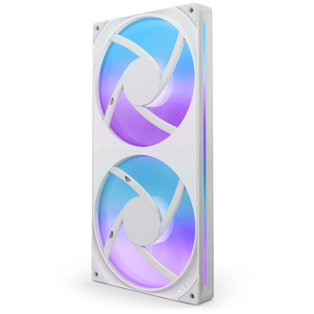 NZXT F280 RGB Core white, rear view of the fan blades lit in a single static colour