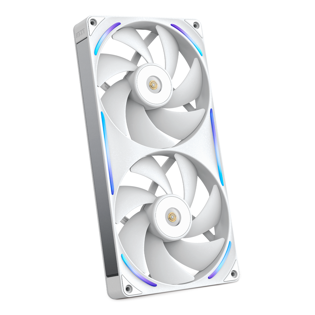 NZXT F280X white two-pack, angled view with RGB lighting