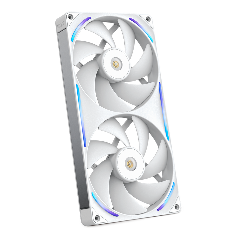 NZXT F280X white two-pack, angled view with RGB lighting