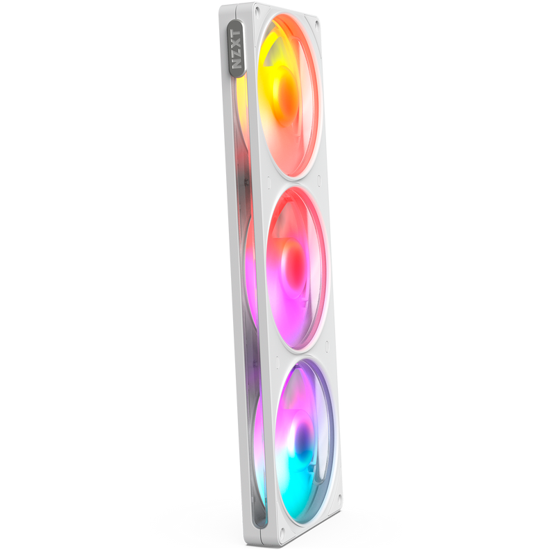 NZXT F360 RGB white three-pack, front view with RGB lighting