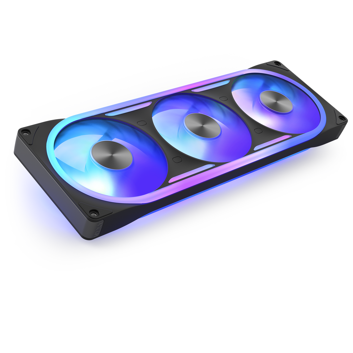 NZXT F360U black three-pack, angled view with RGB lighting