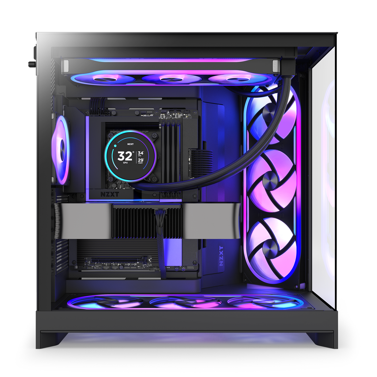 NZXT F360U black fans installed in a build