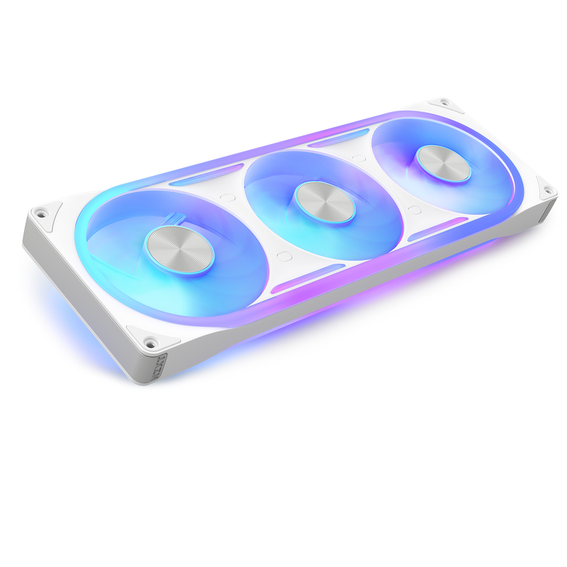 NZXT F360U white three-pack, angled view with RGB lighting