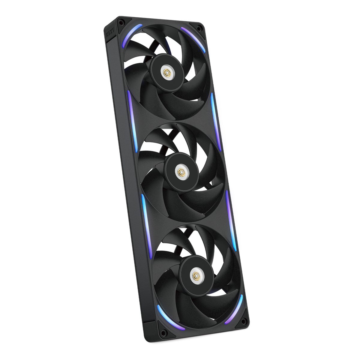 NZXT F360X black three-pack, angled view with RGB lighting