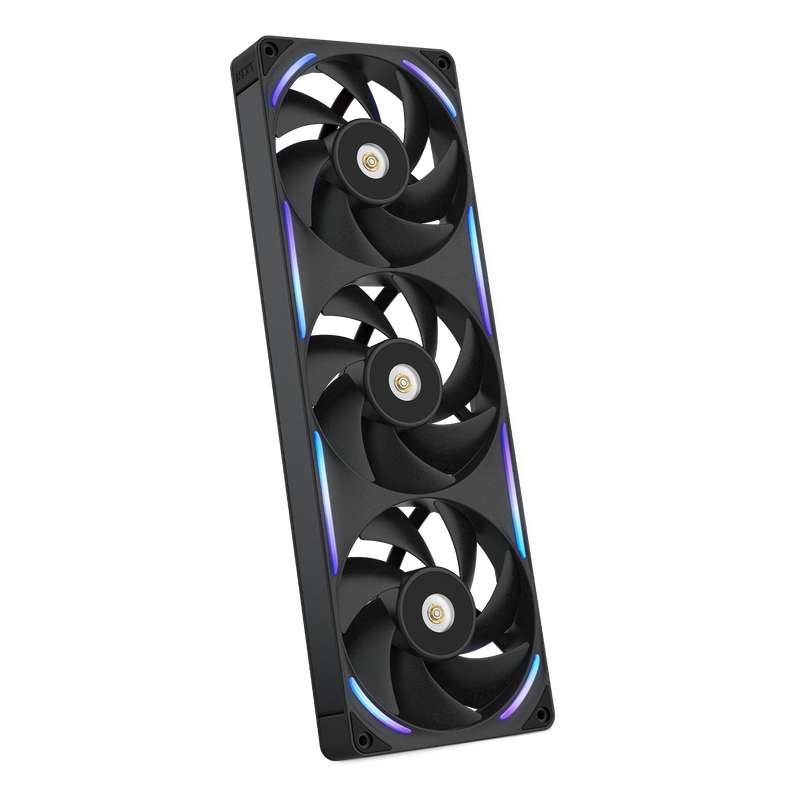 NZXT F360X black three-pack, angled view with RGB lighting