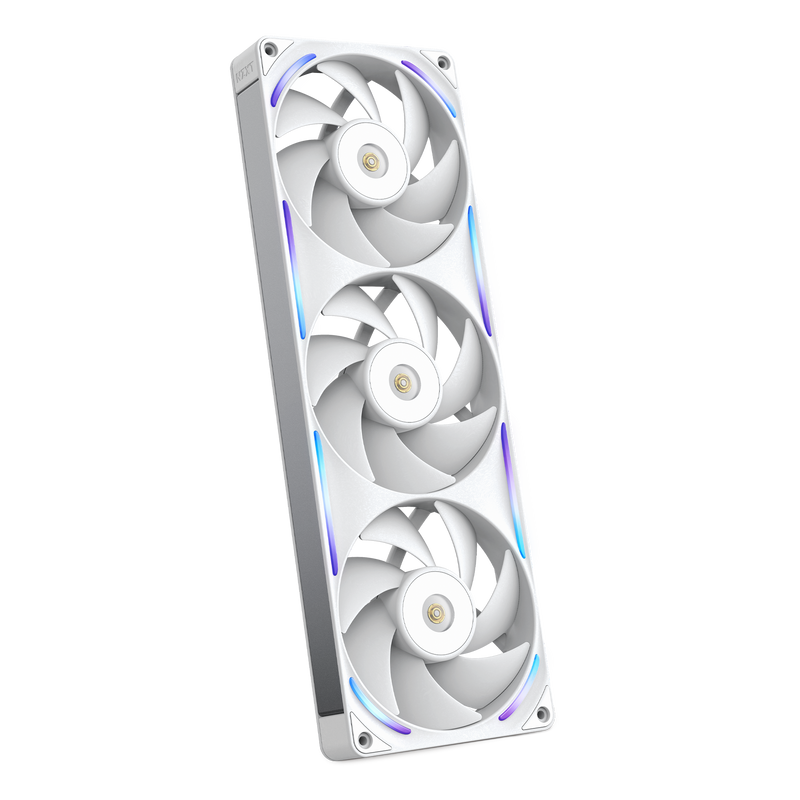 NZXT F360X white three-pack, angled view with RGB lighting