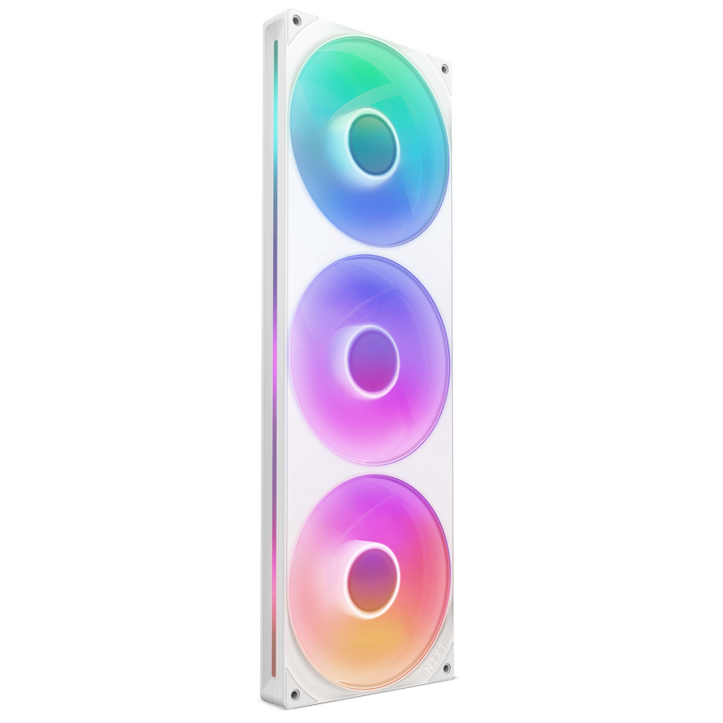 NZXT F420 RGB Core fan in white, RGB lighting on, angled view