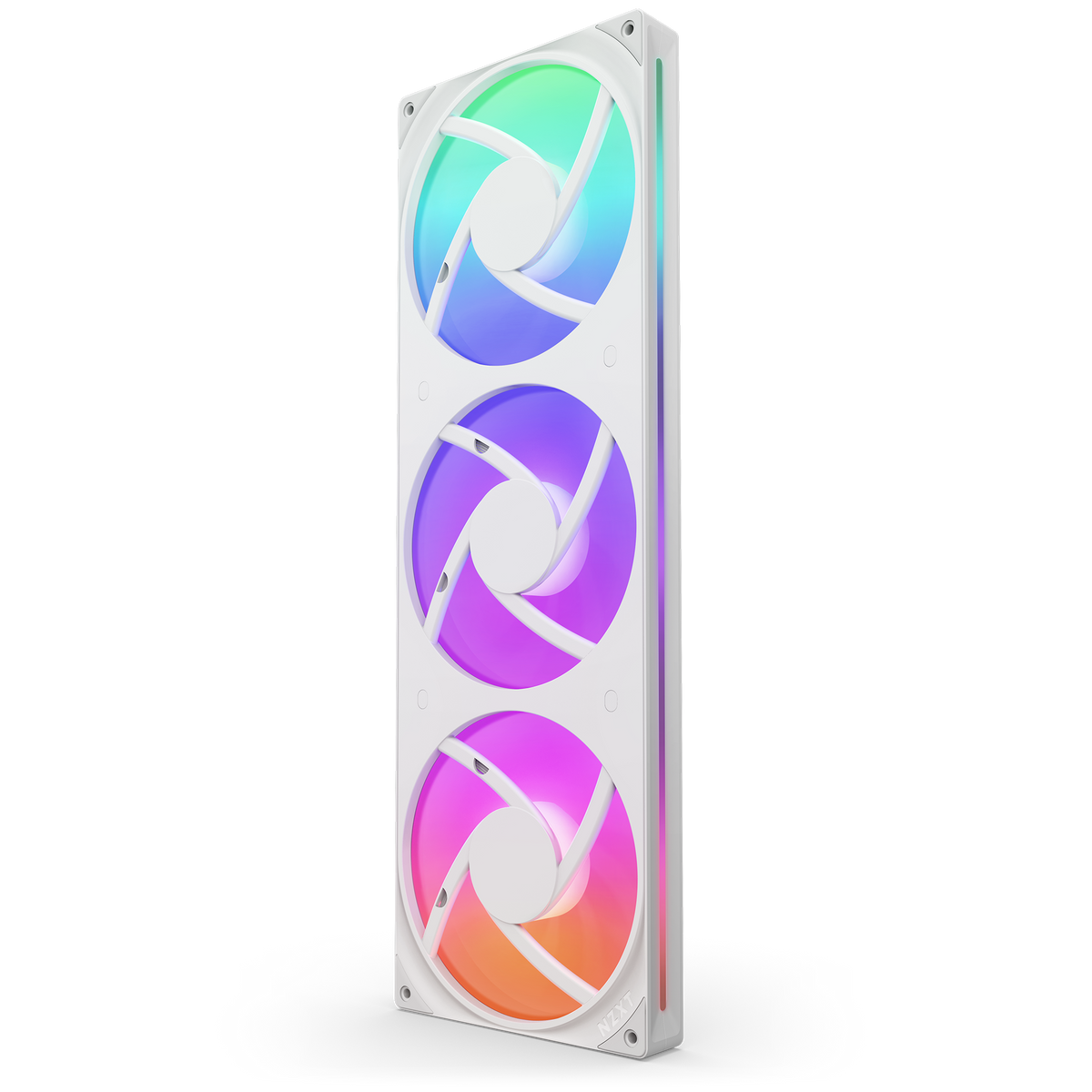 NZXT F420 RGB Core fan in white, front view with RGB lighting
