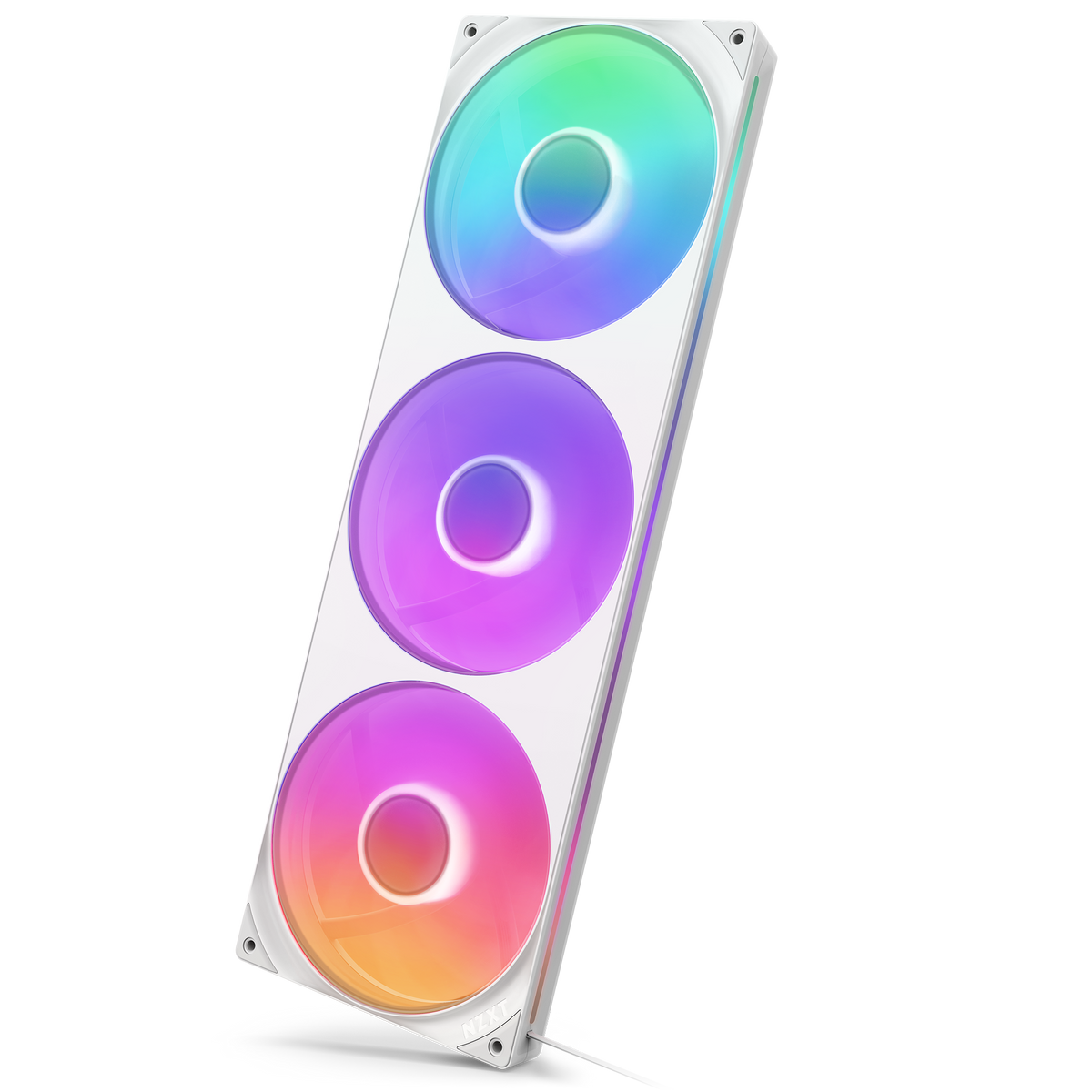 NZXT F420 RGB Core fan in white, tilted three-quarter view