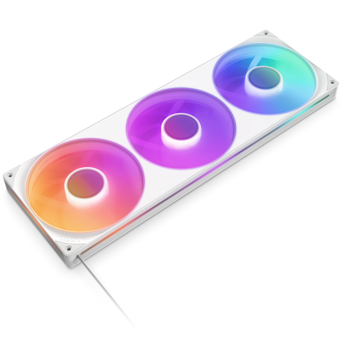 NZXT F420 RGB Core fan in white, laid flat with cable