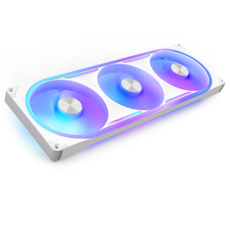 NZXT F420U white three-pack, angled view with RGB lighting