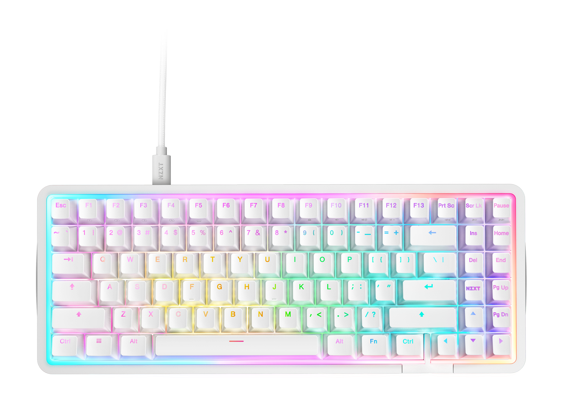 A compact white mechanical keyboard with RGB backlighting, showing illuminated keys in various colors. The keyboard is connected by a white cable at the top center.