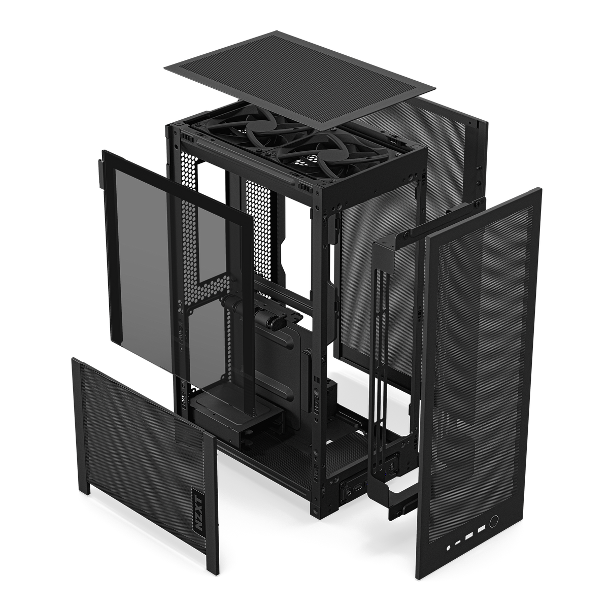 NZXT H2 Flow case in black, exploded view of panels