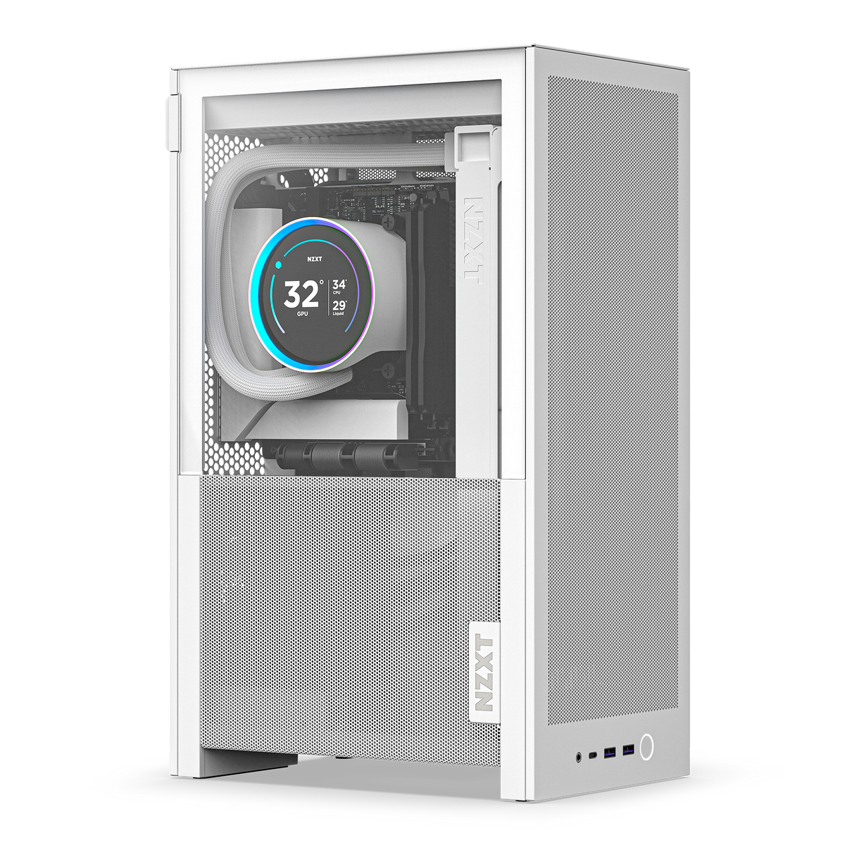 NZXT H2 Flow case in white with a completed PC build, angled view
